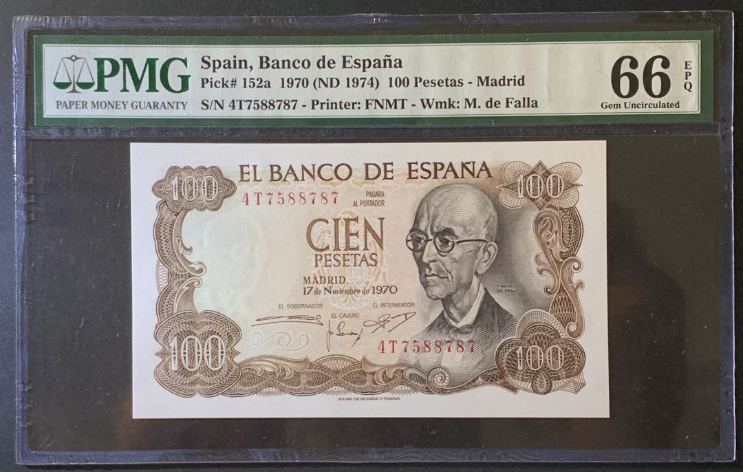 紫瑗钱币——微拍第87期—纸币场 西班牙 1970（1974）年 曼努埃尔·德法拉 100比塞塔 PMG 66 EPQ （P-152a）