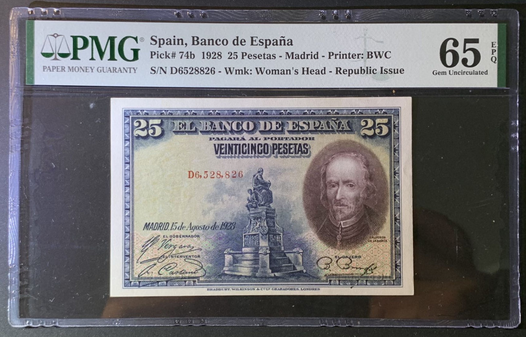 紫瑗钱币——微拍第87期—纸币场 西班牙 1928年 西班牙中央银行 卡尔德隆 25比塞塔 PMG 65 EPQ