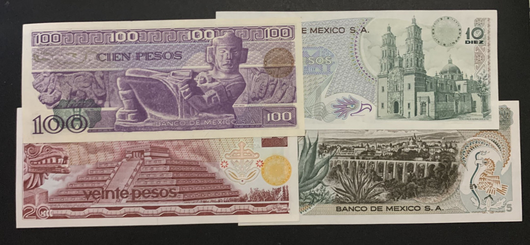 紫瑗钱币——微拍第87期—纸币场 墨西哥 70—80年代  5 10 20 100比索 4枚一套 