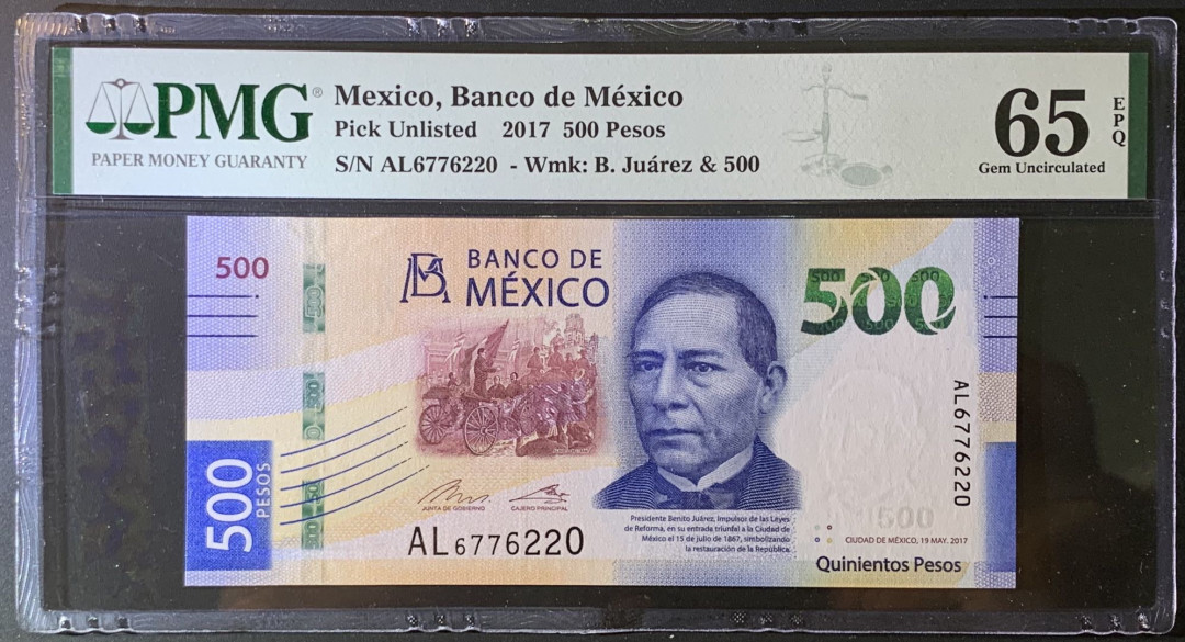 紫瑗钱币——微拍第87期—纸币场 墨西哥 2017年 宪法颁布100周年 500比索 PMG 65 EPQ