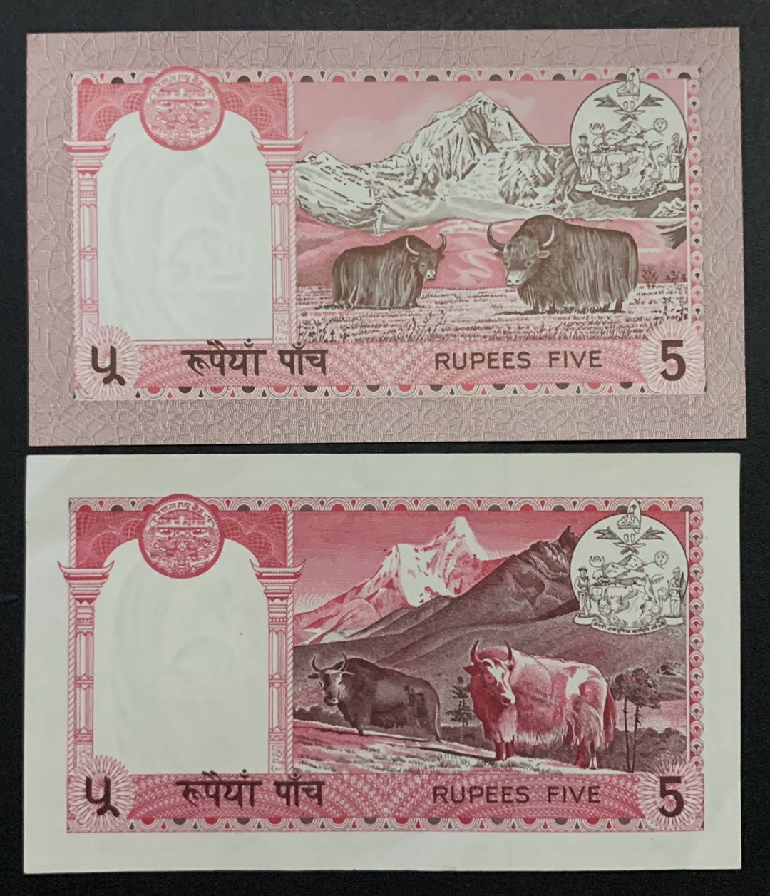 紫瑗钱币——微拍第87期—纸币场 尼泊尔 1974 1981年 早期 5卢布 2枚一组 UNC P-23a P-30b