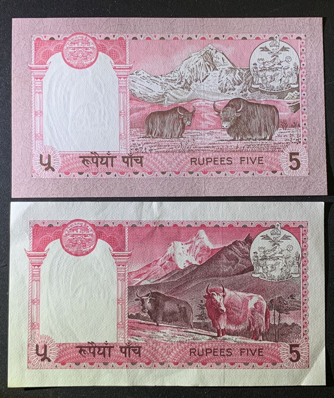 紫瑗钱币——微拍第87期—纸币场 尼泊尔 1974 1981年 早期 5卢布 2枚一组 UNC P-23a P-30b