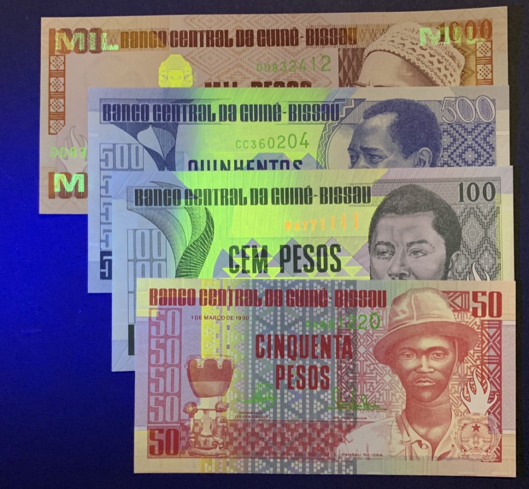 紫瑗钱币——微拍第87期—纸币场 几内亚比绍 90年代 50 100 500 1000比索 4枚一套 UNC