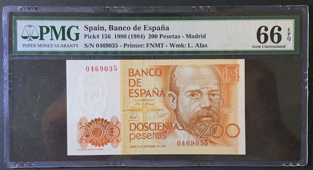 紫瑗钱币——微拍第87期—纸币场 西班牙 1980（1984）年 利奥波多·加西德·拉斯阿拉斯 200比塞塔 PMG 66 EPQ (P-156)