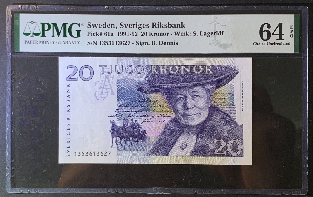 紫瑗钱币——微拍第87期—纸币场 瑞典 1991-92年 骑鹅旅行记 初版 20克朗 PMG 64 EPQ （P-61a)