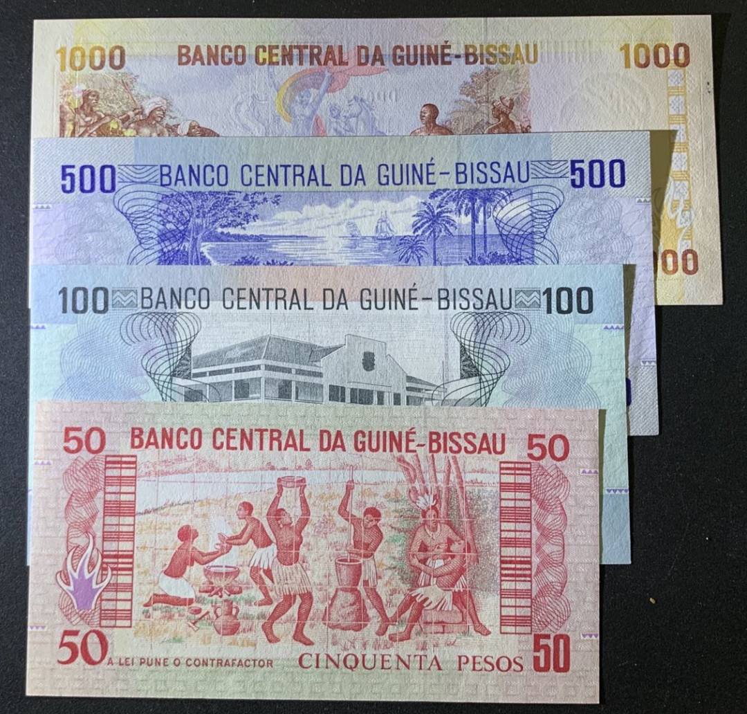 紫瑗钱币——微拍第87期—纸币场 几内亚比绍 90年代 50 100 500 1000比索 4枚一套 UNC