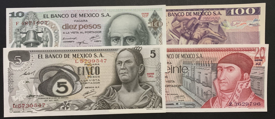 紫瑗钱币——微拍第87期—纸币场 墨西哥 70—80年代  5 10 20 100比索 4枚一套 