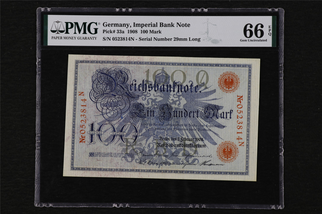 亘邦收藏第13期 1908年 大票 德国 100马克 PMG 66EPQ 0523814N