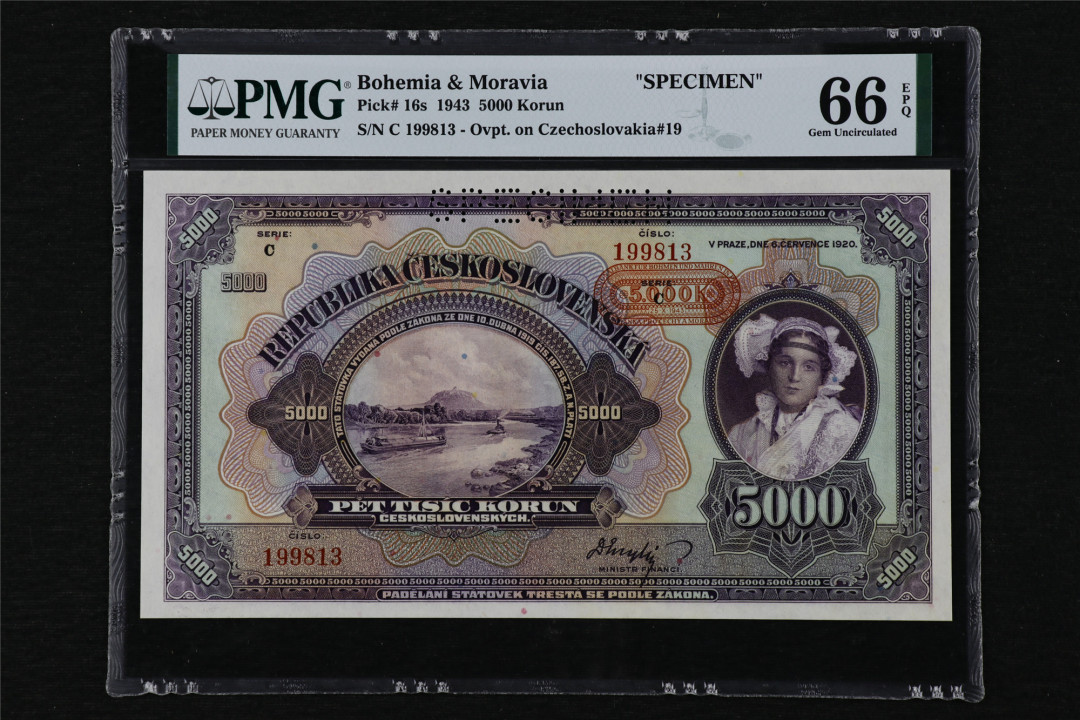亘邦收藏第13期 1943年 大票幅票样 波西米亚和摩拉维亚 5000克朗 PMG 66EPQ 199813