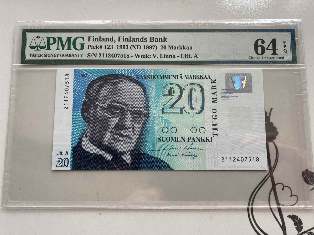 【收藏联盟】第156期拍卖（共50拍） 芬兰 1993年20马克 PMG64EPQ