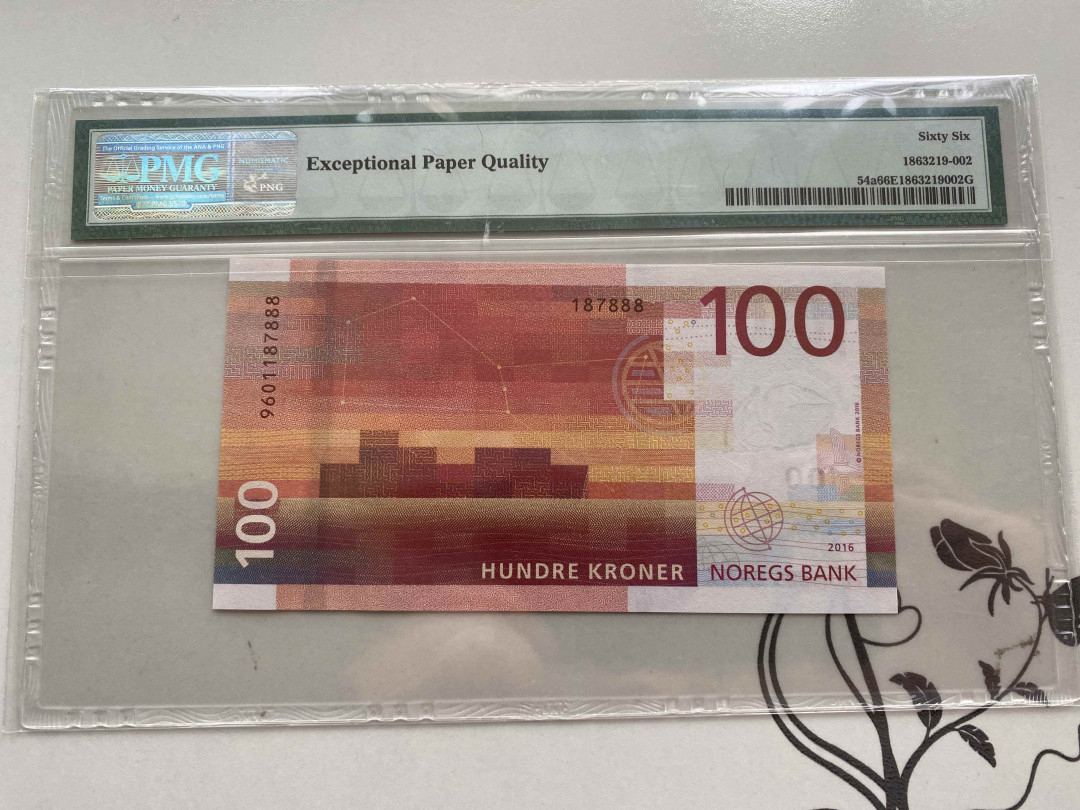 【收藏联盟】第156期拍卖（共50拍） 【888豹子号】挪威 2016年100克朗 PMG66EPQ