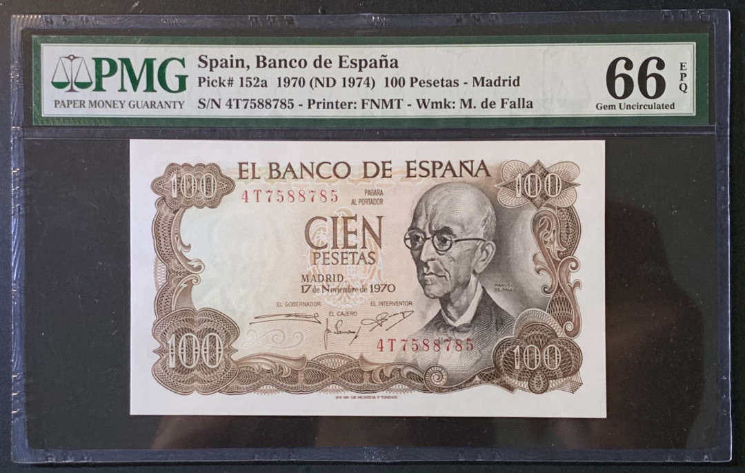 紫瑗钱币——微拍第89期—纸币场 西班牙 1970（1974）年 曼努埃尔·德法拉 100比塞塔 PMG 66 EPQ （P-152a）