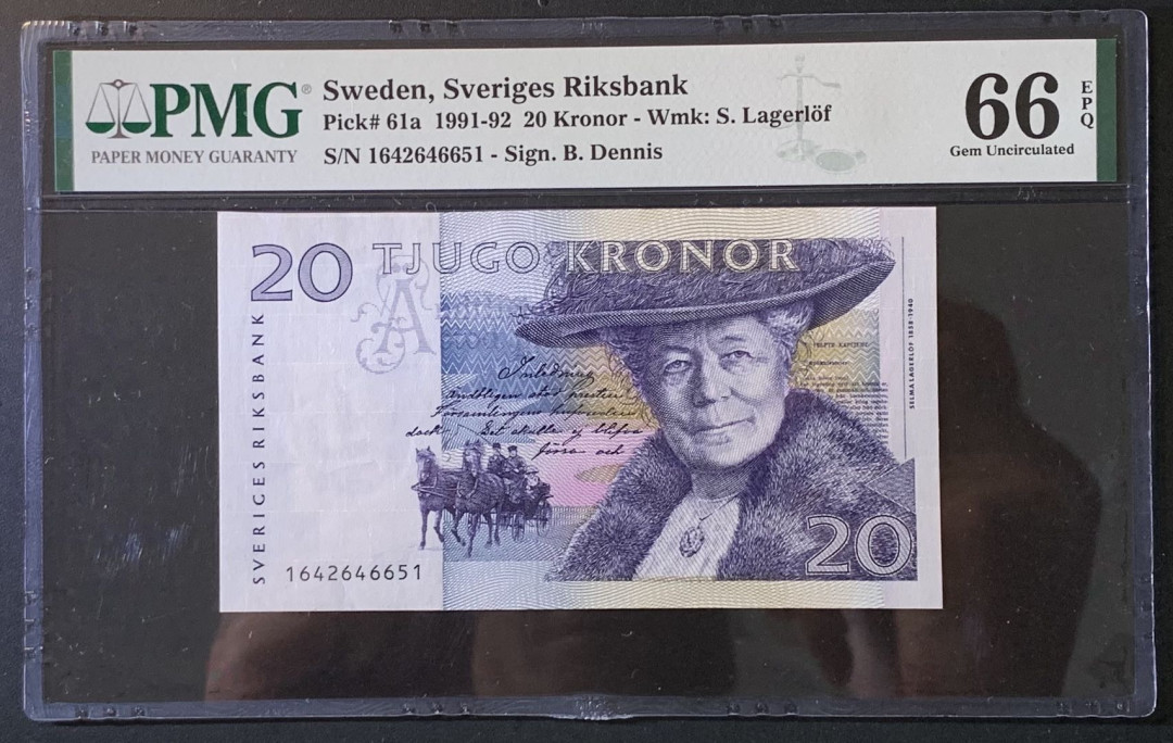 紫瑗钱币——微拍第89期—纸币场 瑞典 1991-92年 骑鹅旅行记 初版 20克朗 PMG 66 EPQ （P-61a)