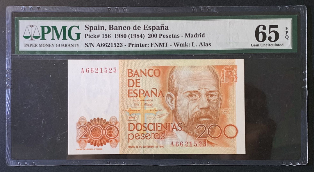 紫瑗钱币——微拍第89期—纸币场 西班牙 1980（1984）年 利奥波多·加西德·拉斯阿拉斯 200比塞塔 PMG 65 EPQ （P-156）