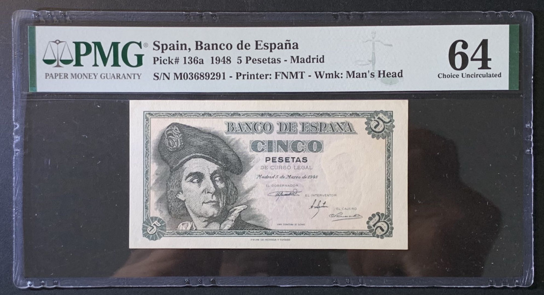 紫瑗钱币——微拍第89期—纸币场 西班牙 1948年 胡安 塞瓦斯蒂安 5比塞塔 PMG 64 （P-136a)