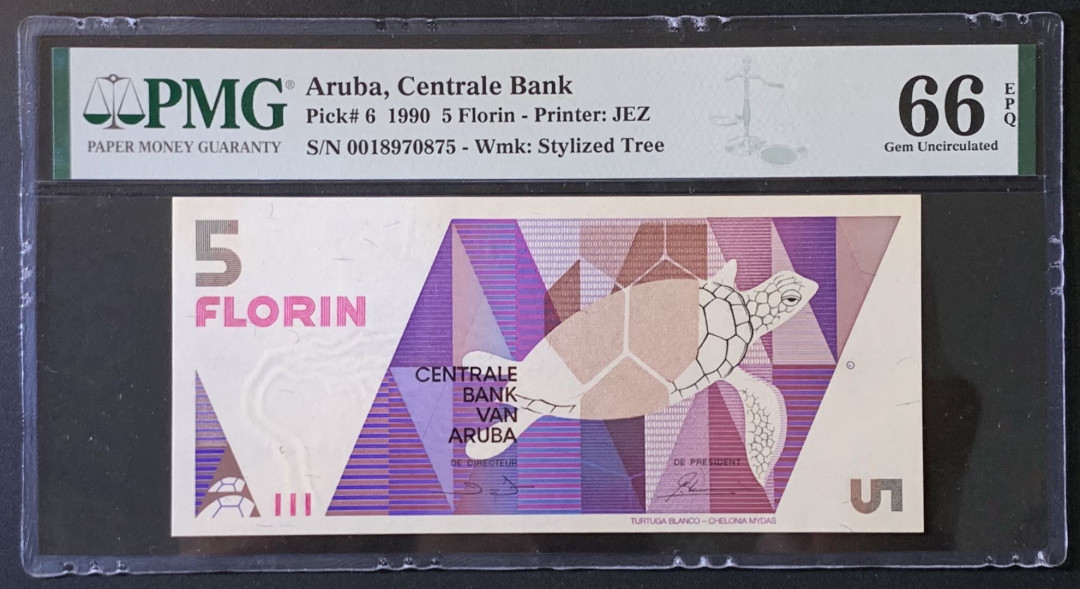 紫瑗钱币——微拍第89期—纸币场 阿鲁巴 1990年 海龟 5佛罗林 PMG 66 EPQ （P-6）