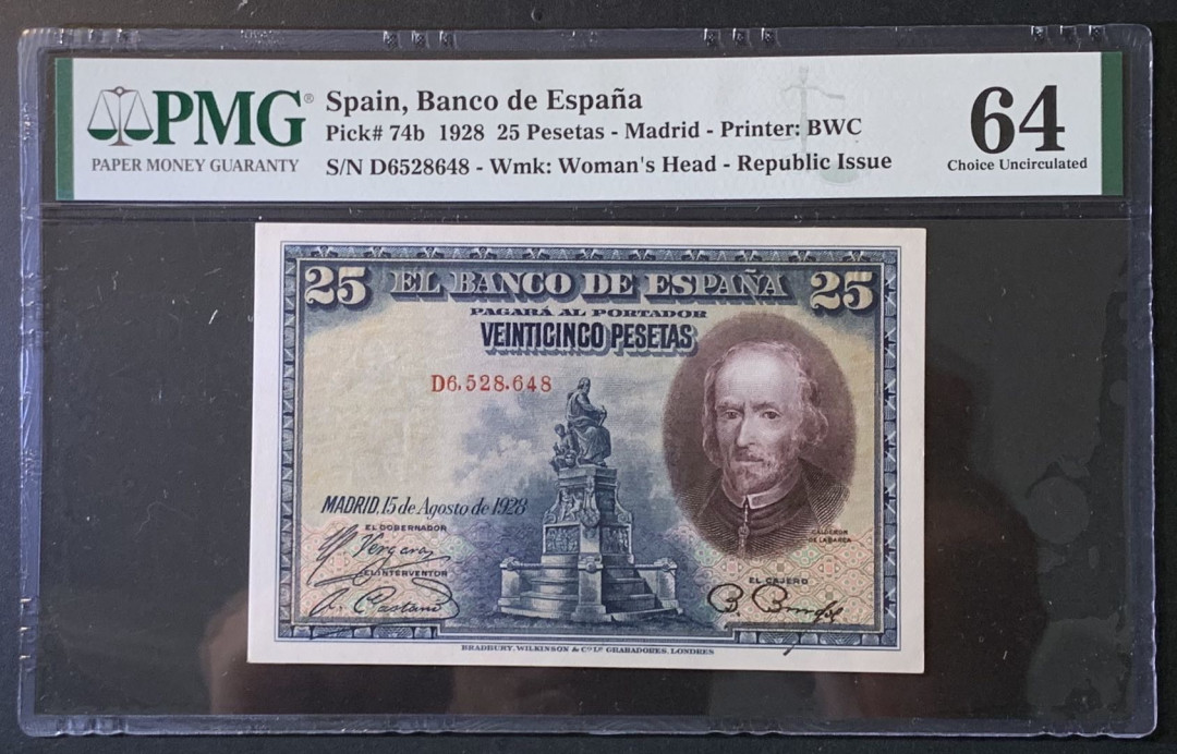 紫瑗钱币——微拍第89期—纸币场 西班牙 1928年  卡尔德隆 25比塞塔 PMG 64 （P-74b)