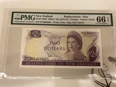 【收藏联盟】第157期拍卖——芝麻开门（共48拍） - 【补号 888豹子号】近全同 新西兰 1977-81年2元 PMG66EPQ 