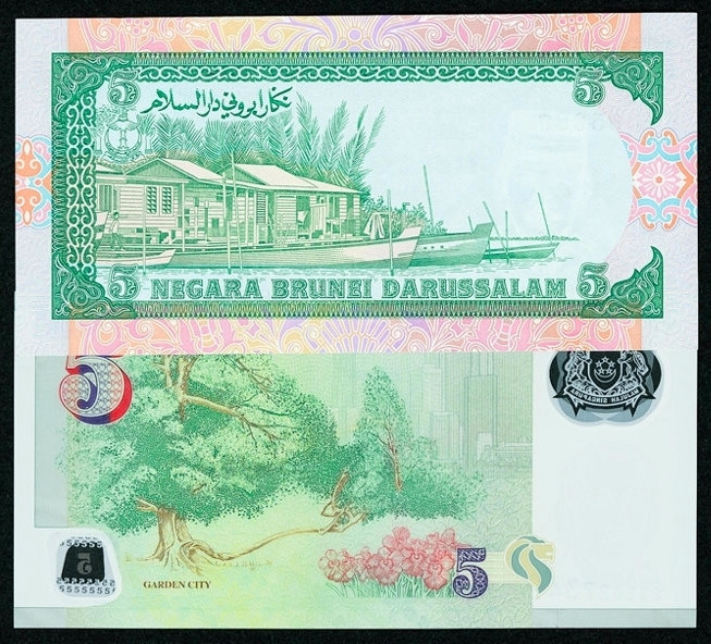 【收藏联盟】第157期拍卖——芝麻开门（共48拍） 【一组4张】文莱1989年 1元、5元 & 新加坡鸟版1元、人像版5元全新UNC