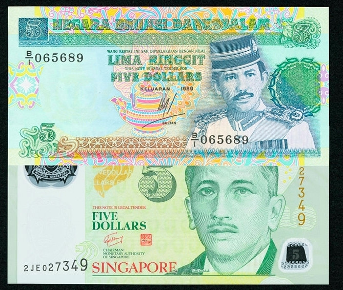 【收藏联盟】第157期拍卖——芝麻开门（共48拍） 【一组4张】文莱1989年 1元、5元 & 新加坡鸟版1元、人像版5元全新UNC