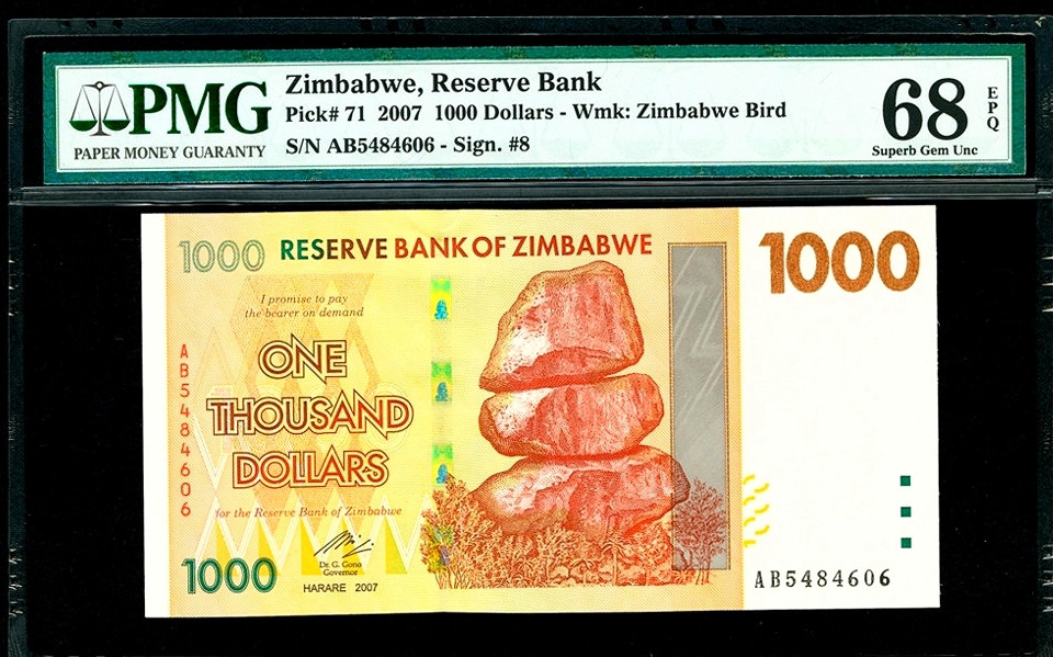 【收藏联盟】第157期拍卖——芝麻开门（共48拍） 【冠军分仅3张 高分】津巴布韦 2007年1000元  PMG68EPQ 高分稀少  