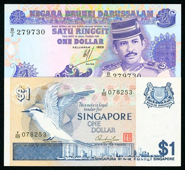 【收藏联盟】第157期拍卖——芝麻开门（共48拍） 【一组4张】文莱1989年 1元、5元 & 新加坡鸟版1元、人像版5元全新UNC