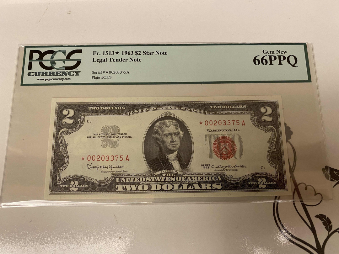 【收藏联盟】第157期拍卖——芝麻开门（共48拍） 【补号A冠】美国 1963年2美金 PCGS66EPQ  