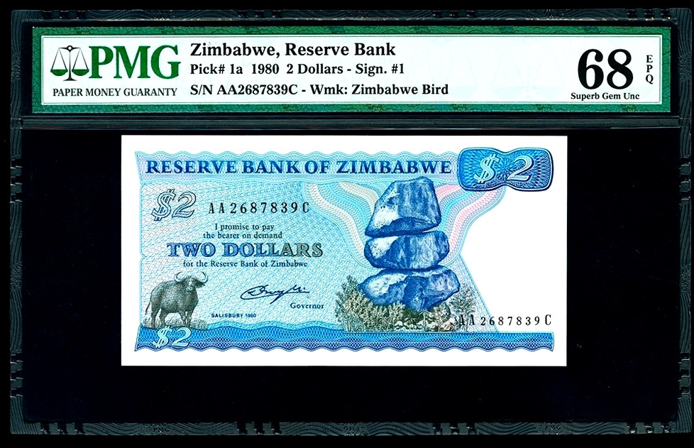 【收藏联盟】第157期拍卖——芝麻开门（共48拍） 【冠军分仅2张 首发AA冠 p1a】津巴布韦 1980年2元 PMG68EPQ 该国第一张纸币 顶级分数 稀少