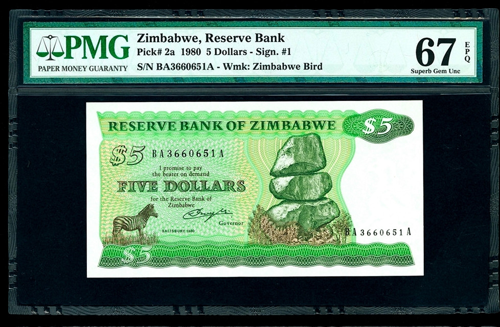 【收藏联盟】第157期拍卖——芝麻开门（共48拍） 【冠军分 所有分数仅5个记录 p2a】津巴布韦 1980年5元 PMG67EPQ 珍罕 斑马