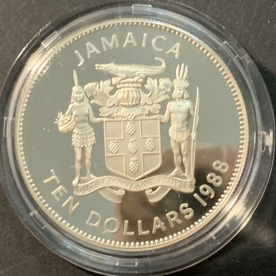 紫瑗钱币—微拍第90期  牙买加 1988年 国际工作年 10元 22.45克 0.925银 精制 原盒证书
