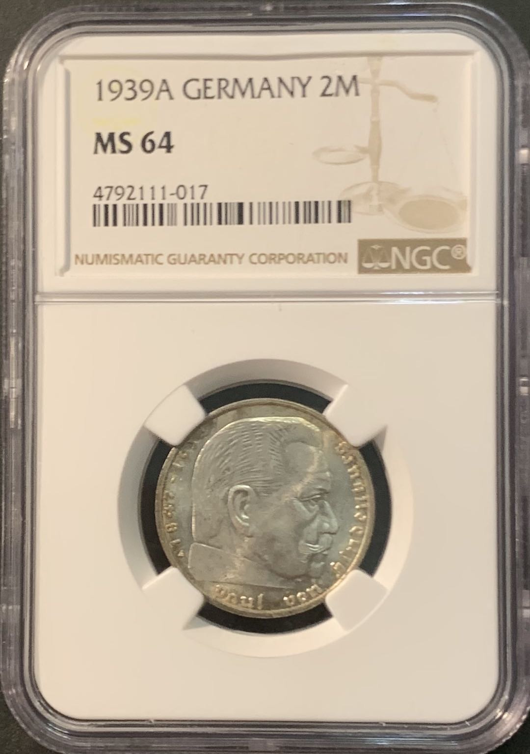 紫瑗钱币—微拍第90期  德国 1939年 A版 兴登堡 2马克 8克 0.625银 NGC MS64