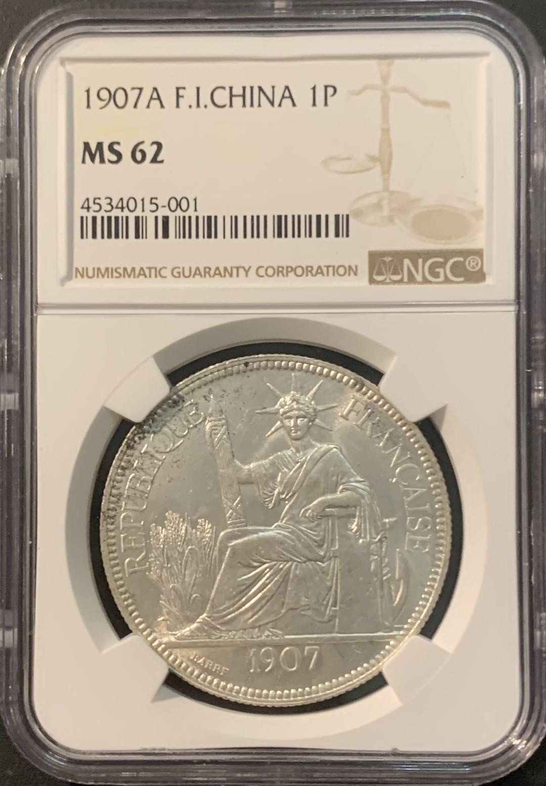 紫瑗钱币—微拍第90期  法属印度支那 1907年  坐洋 1皮阿斯特 NGC MS62