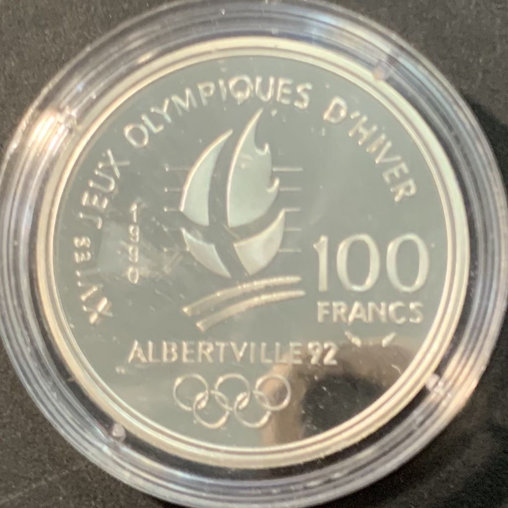 紫瑗钱币—微拍第90期  法国 1990年 92阿尔贝维尔冬奥会 速度滑冰者和高山土拨鼠 100法郎 22.2克 0.9银 精制