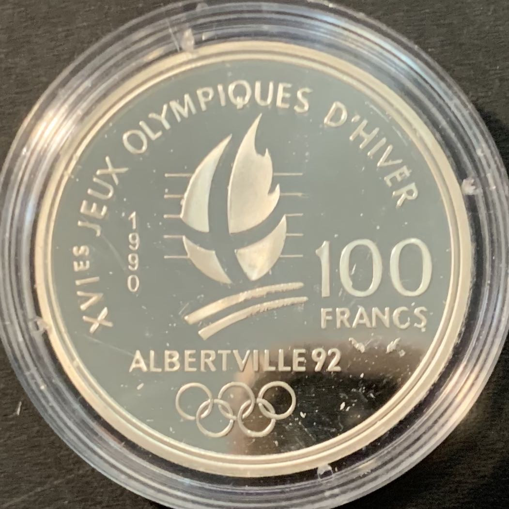 紫瑗钱币—微拍第90期  法国 1990年 自由式滑雪者和羚羊 100法郎 22.2克 0.9银 精制 
