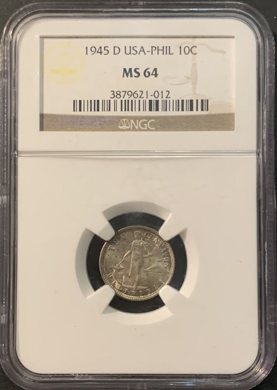 紫瑗钱币—微拍第90期  美属菲律宾 1945年 女神与火山 10分 NGC MS64