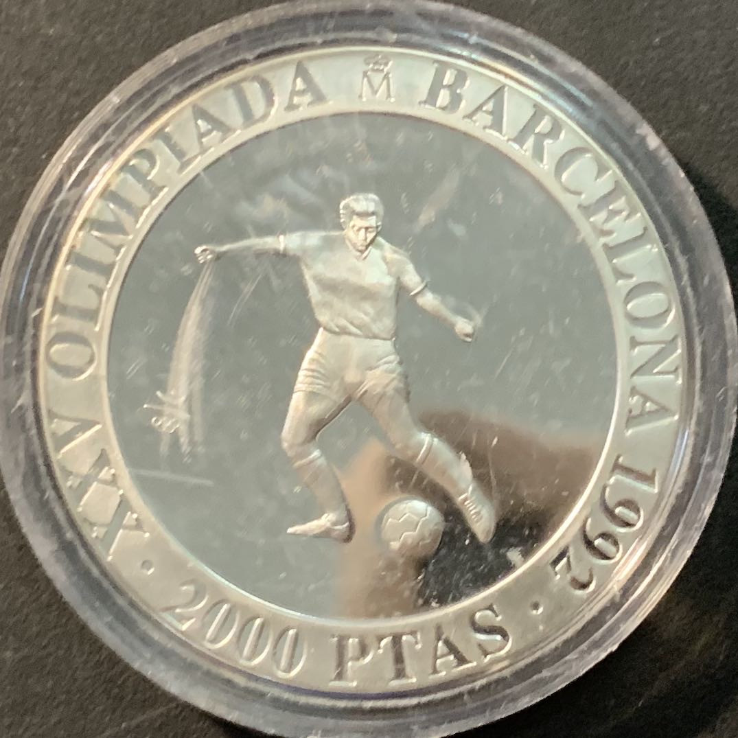 紫瑗钱币—微拍第90期  西班牙 1990年 92巴塞罗那奥运会 足球运动员 2000比塞塔 26.7克 0.925银 精制