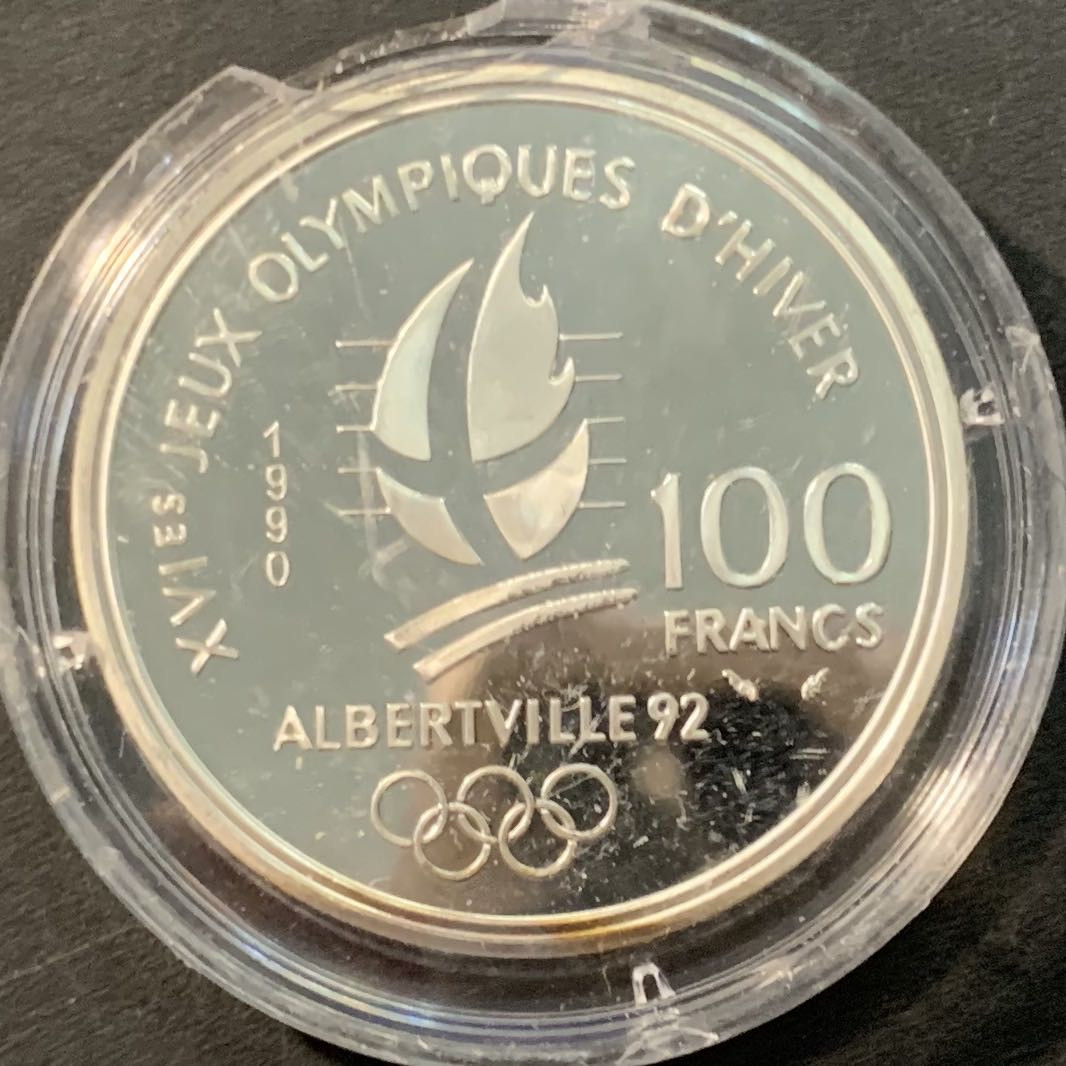 紫瑗钱币—微拍第90期  法国 1990年 92阿尔贝维尔冬奥会 雪橇 100法郎 22.2克 0.9银 精制