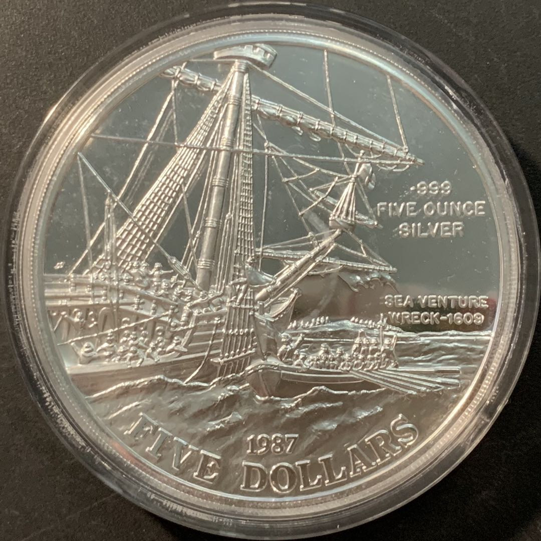 紫瑗钱币—微拍第90期  百慕大 1987年 百慕大神秘三角区 5元 155.6克 0.999银 原盒证书