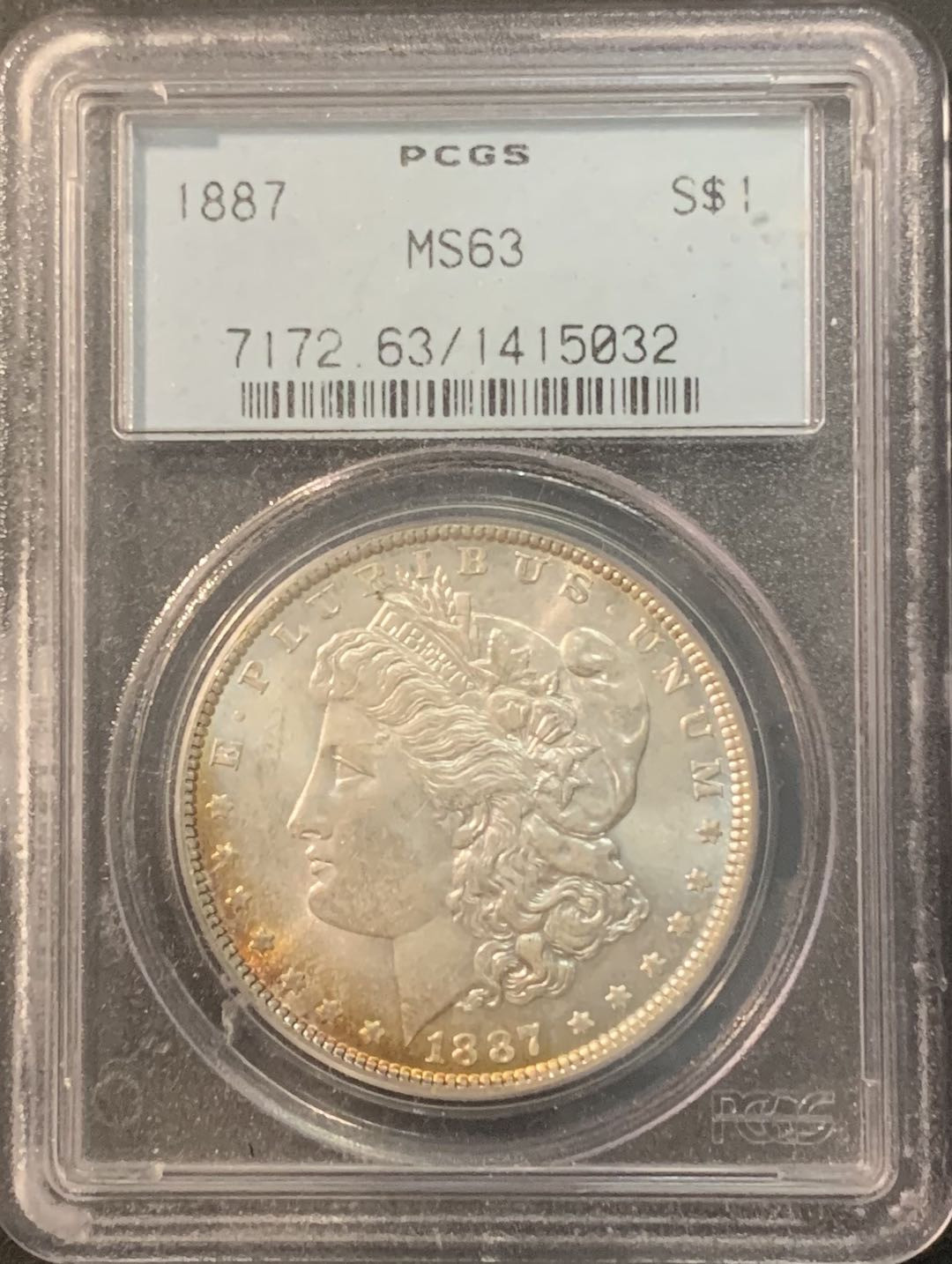 紫瑗钱币—微拍第90期  美国 1887年 摩根 1美元 环彩 PCGS MS63 经典老绿盒