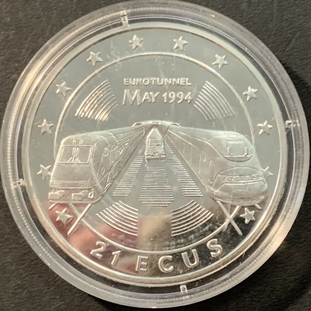 紫瑗钱币—微拍第90期  直布罗陀 1994年 英法隧道通车百年 21埃局 25克 0.925银 精制