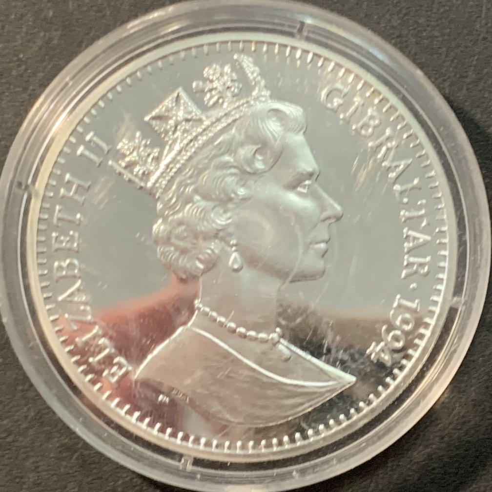 紫瑗钱币—微拍第90期  直布罗陀 1994年 英法隧道通车百年 21埃局 25克 0.925银 精制