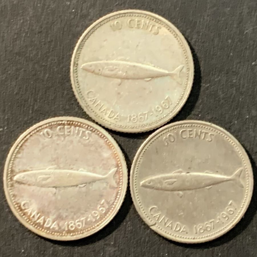 紫瑗钱币—微拍第90期  加拿大 1967年 建国100周年 10分 鱼 3枚一组 共7克 0.8银