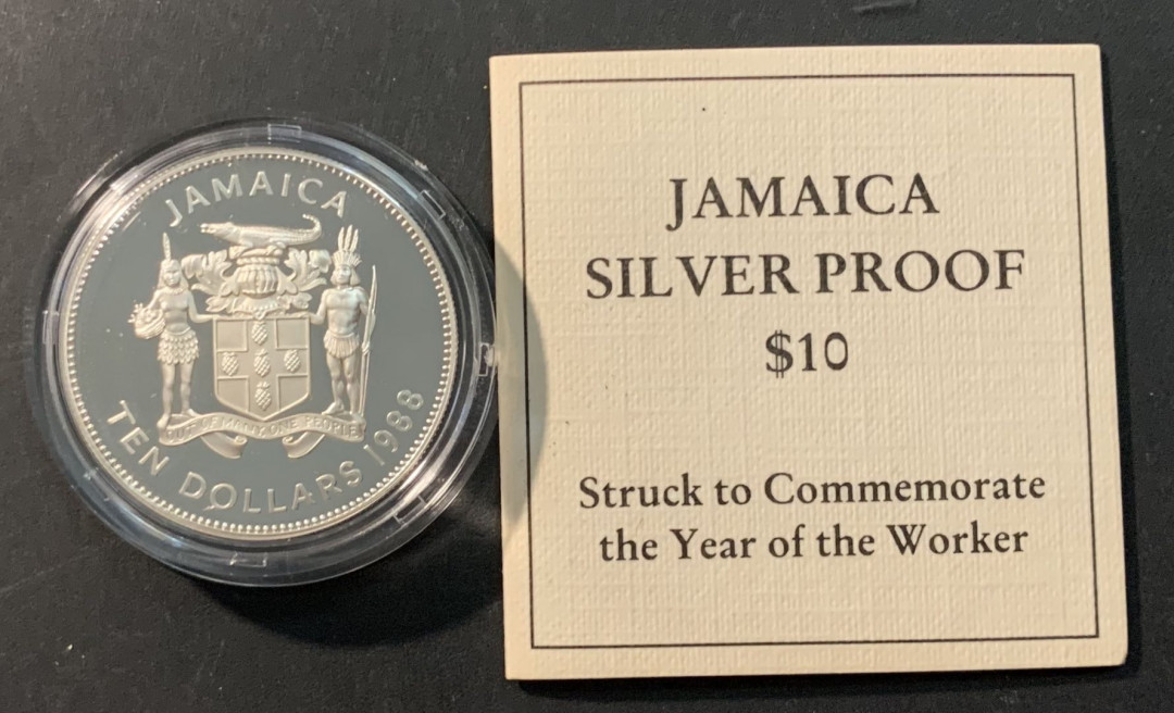 紫瑗钱币—微拍第90期  牙买加 1988年 国际工作年 10元 22.45克 0.925银 精制 原盒证书