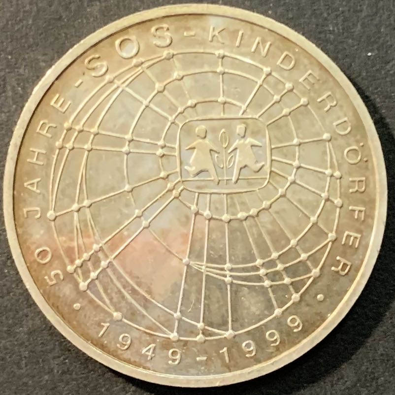 紫瑗钱币—微拍第90期  德国 1999年 J厂 SOS儿童村50周年 10马克 15.5克 0.925银