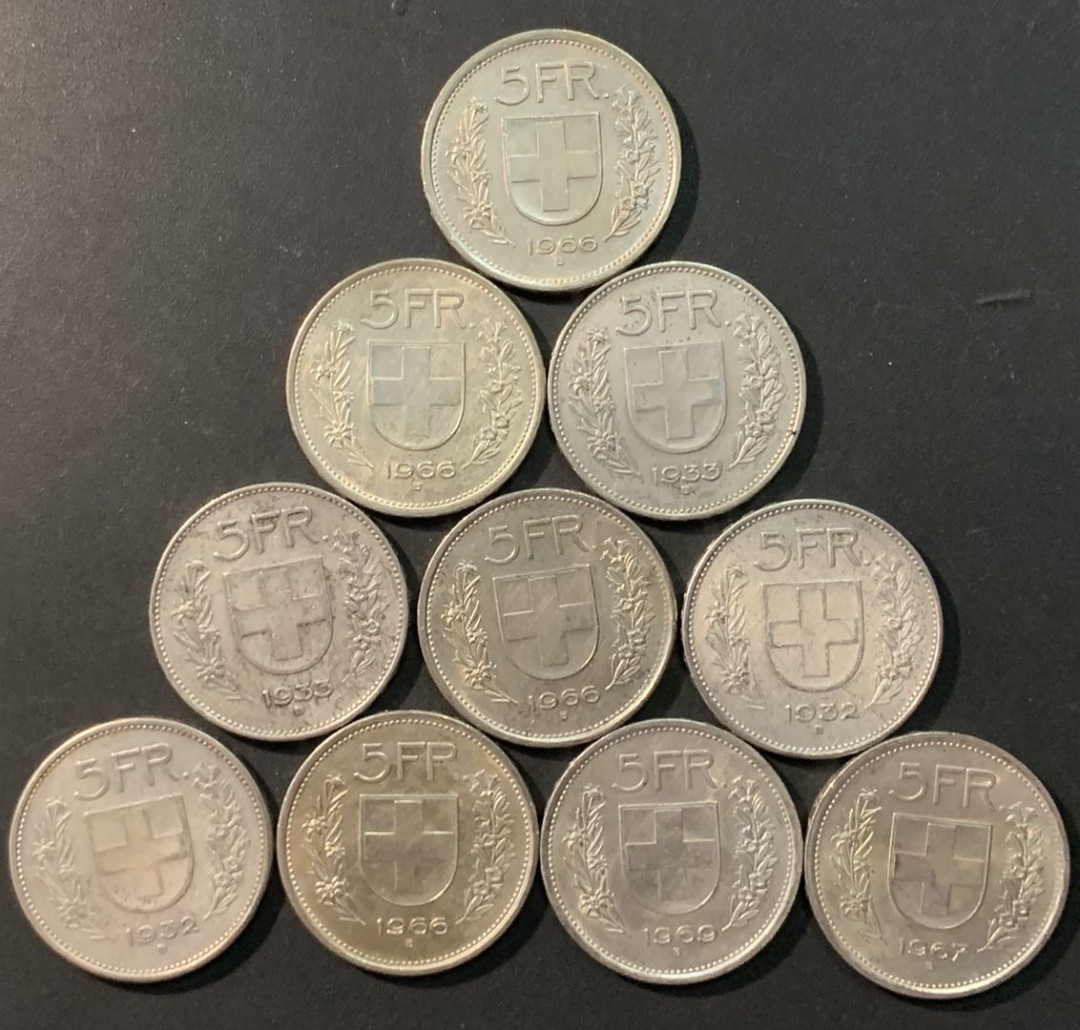 紫瑗钱币—微拍第90期  瑞士 1931—1967年 5法郎 10枚一组 共150克 0.835银