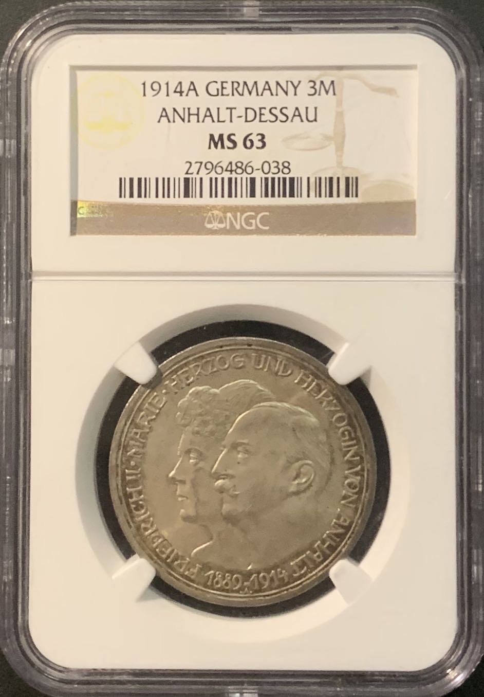 紫瑗钱币—微拍第90期  德国 安哈特 1914年 银婚 3马克 NGC MS63