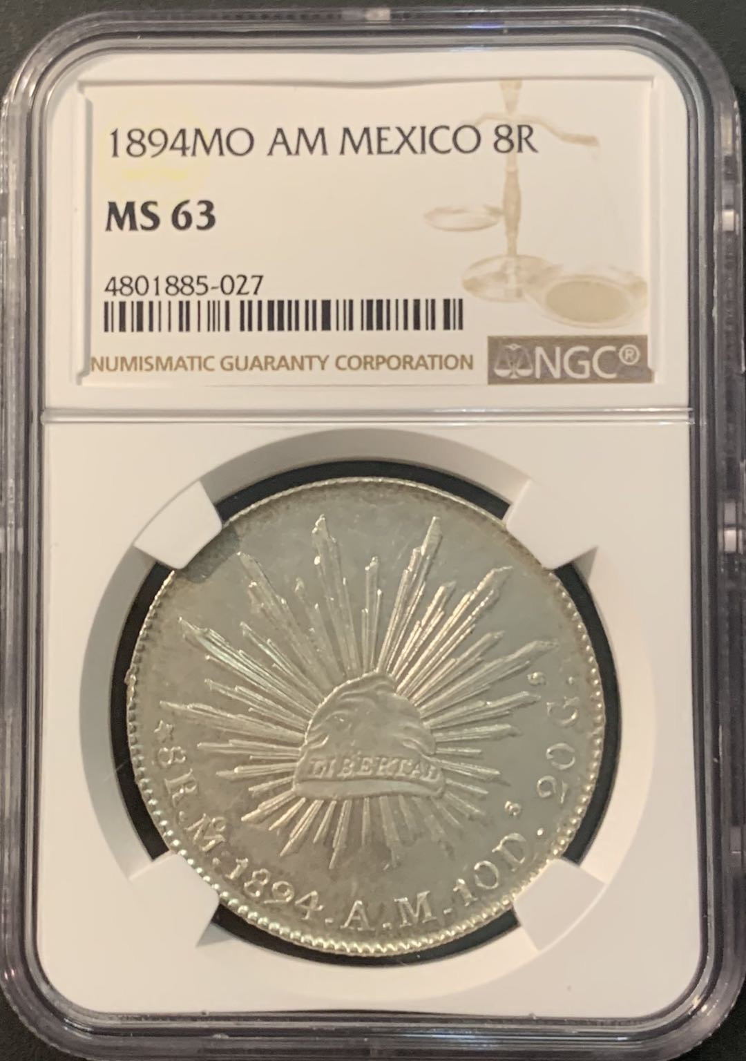 紫瑗钱币—微拍第90期  墨西哥 1894年 MOAM 8里亚尔 花边鹰洋 NGC MS63