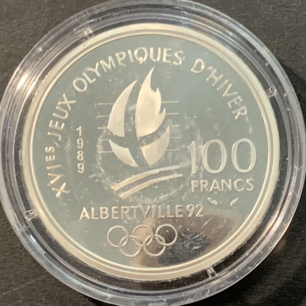 紫瑗钱币—微拍第90期  法国 1989年 92阿尔贝维尔冬奥会 滑冰情侣 100法郎 22.2克 0.9银 精制