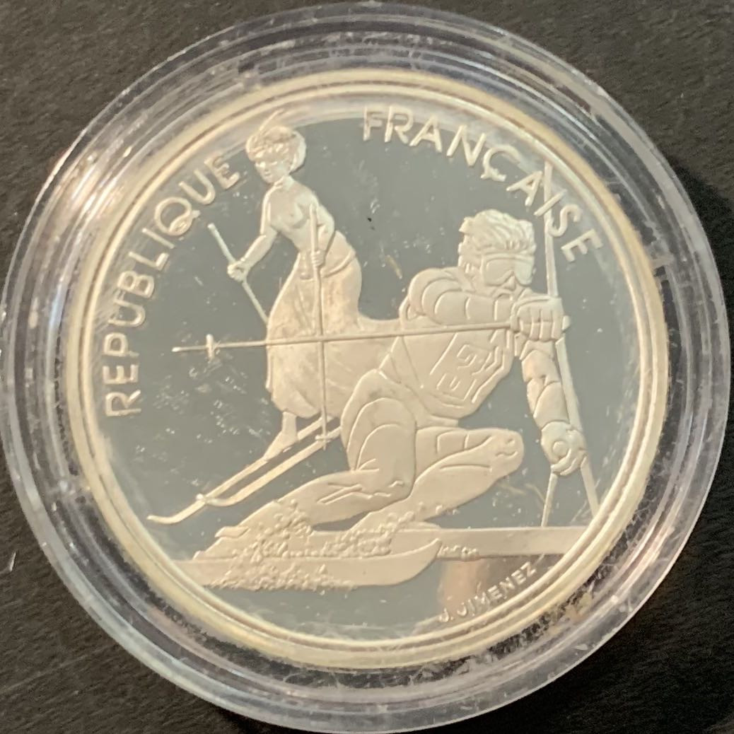 紫瑗钱币—微拍第90期  法国 1990年 92阿尔贝维尔冬奥会 双人滑雪 100法郎 22.2克 0.9银 精制 