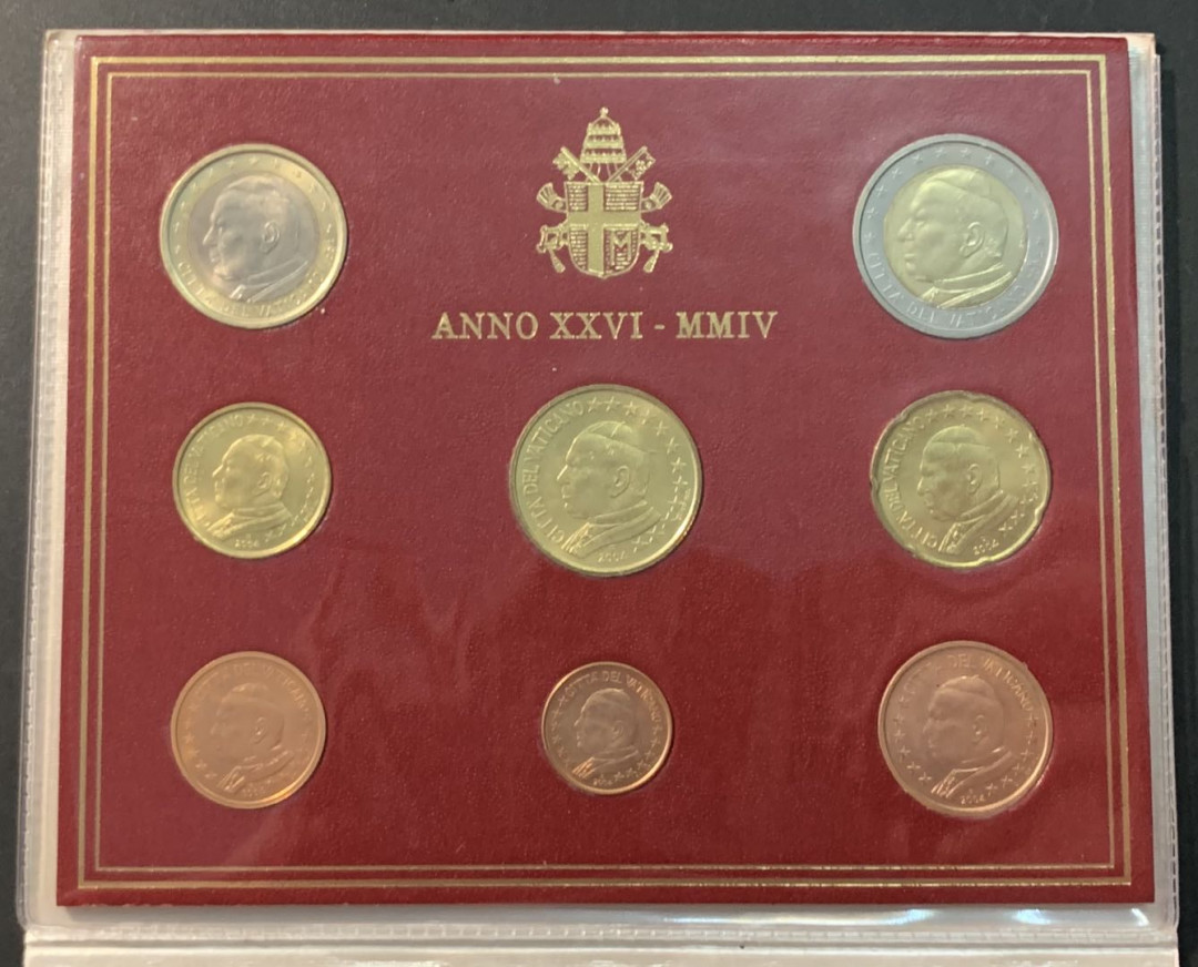 紫瑗钱币—微拍第90期  梵蒂冈 2004年 保罗二世 1分—2欧 8枚套 官方套